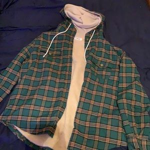 Plaid Pattern Pocket Hooded Jacket - Green L